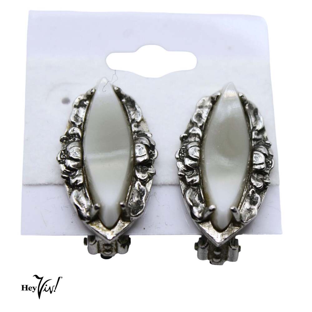 Vintage Whiting & Davis Clip On Earrings Silver Tone White Marquise - Hey Viv